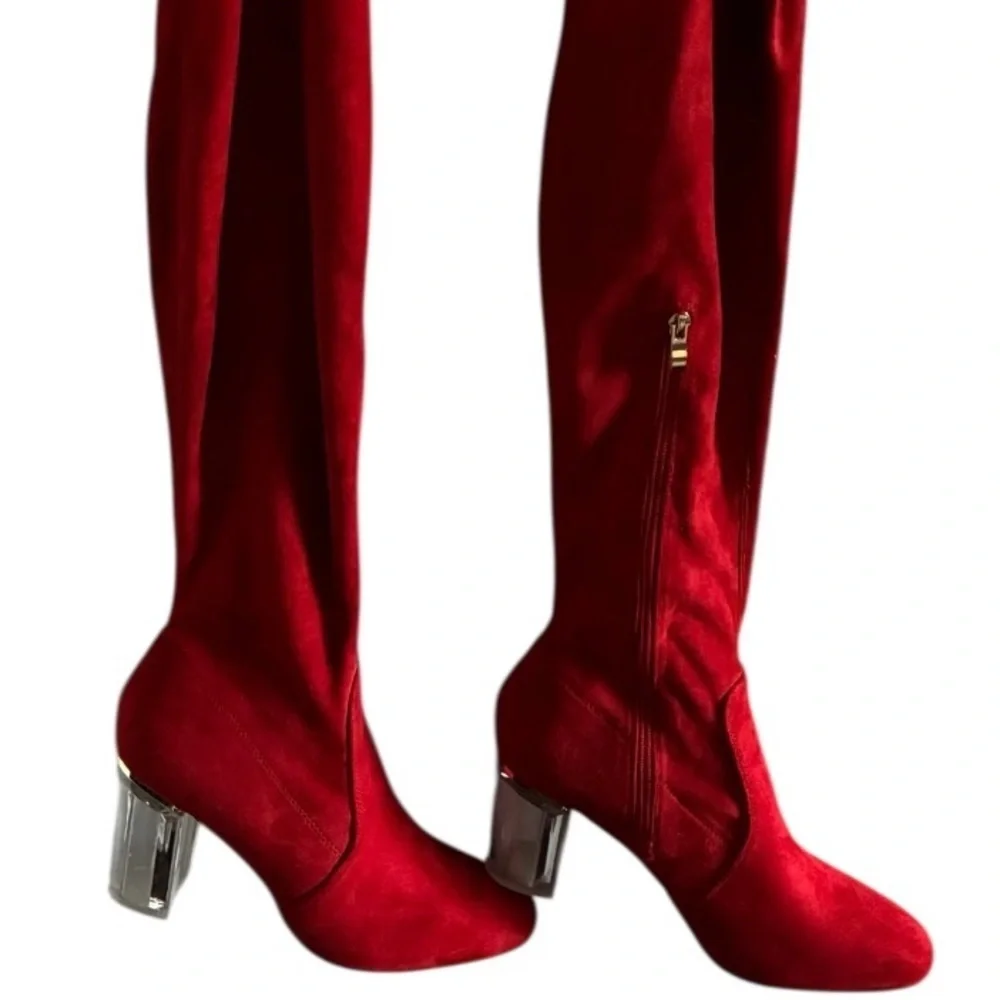 Red Suede Women's Boots with Clear Heels